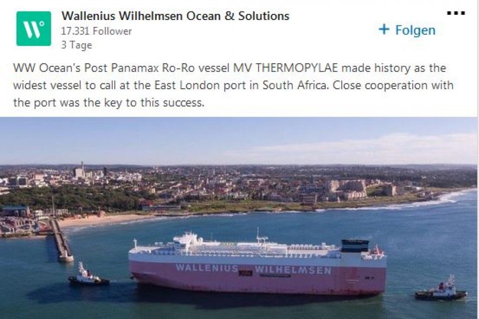 Wallenius Wilhelmsen: Post Panamax Ro-Ro vessel MV THERMOPYLAE made history